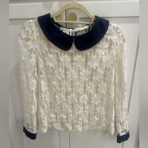 Comme Toi Women's Cream Navy Blue Floral Lace Mesh Sheer Long Sleeve Blouse M